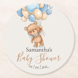 Teddy Bear Balloon Blue Baby Shower Round Paper Coaster
