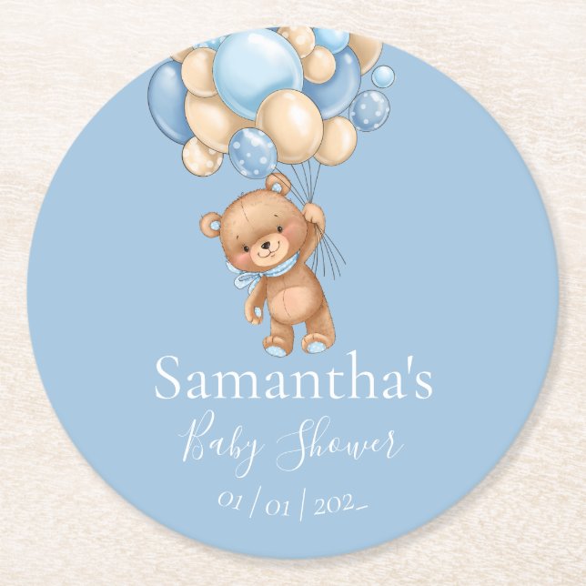 Teddy Bear Balloon Blue baby shower  Round Paper Coaster (Front)