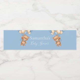 Teddy Bear Balloon Blue baby shower Water Bottle Label