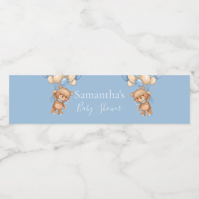 Teddy Bear Balloon Blue baby shower   Water Bottle Label (Single Label)