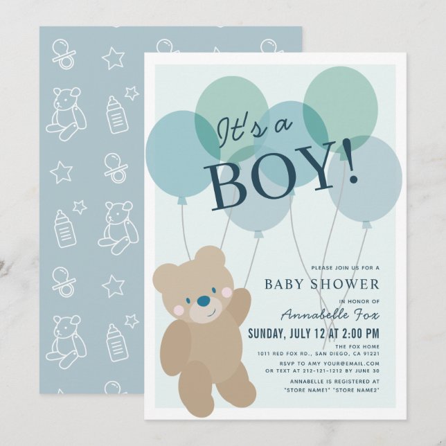 Teddy Bear Balloon Blue Boy Baby Shower Invitation (Front/Back)