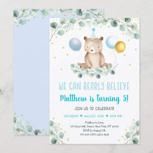 Teddy Bear Balloon Blue Gold Greenery Birthday Invitation