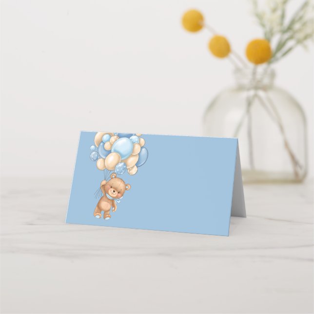 Teddy Bear Balloon Blue Place Card (Front)