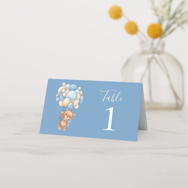 Teddy Bear Balloon Blue Place Card (Front)