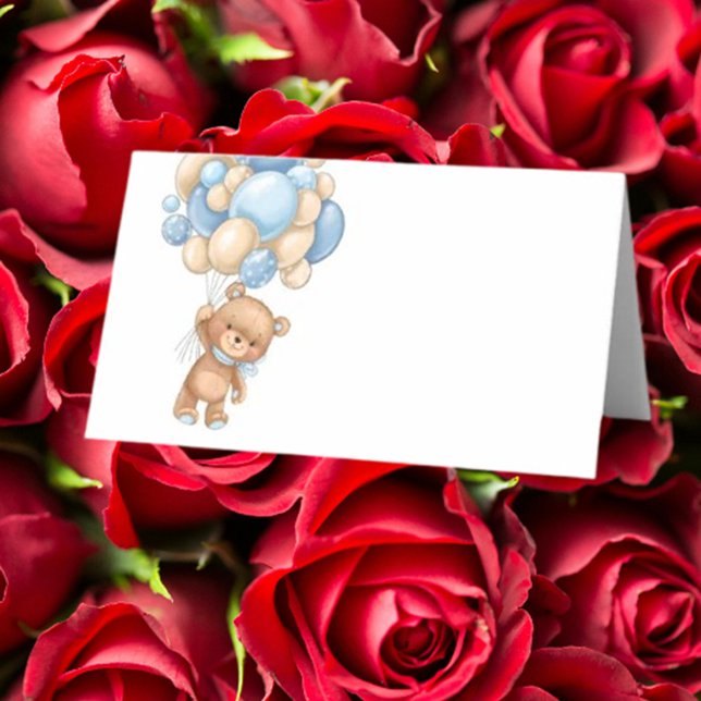 Teddy Bear Balloon Blue Place Card (Add a charming touch to your event with our Teddy Bear Balloon Blue Place Card. )