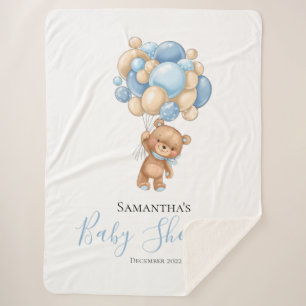 Teddy Bear Balloon Blue Sherpa Blanket