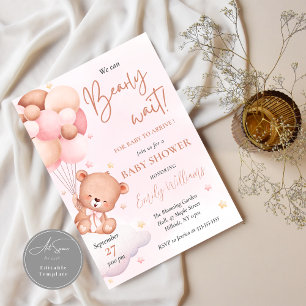 Teddy Bear Balloon Blush Watercolor Baby Shower Invitation