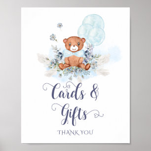 Teddy Bear Balloon Boy Baby Shower Cards and Gifts Poster