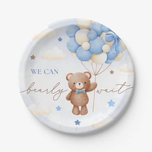 Teddy Bear Balloon Boy Baby Shower Paper Plates (Front)