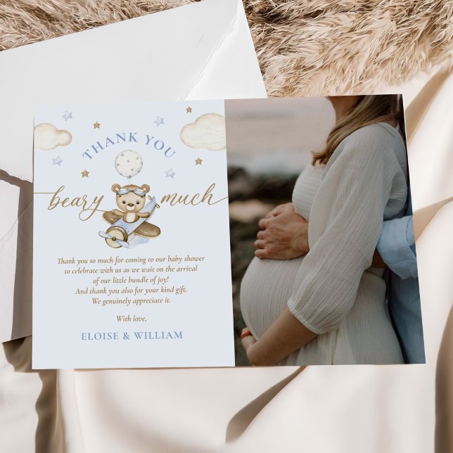 Teddy Bear Balloon Boy Baby Shower Photo Thank You Card (Creator Uploaded)