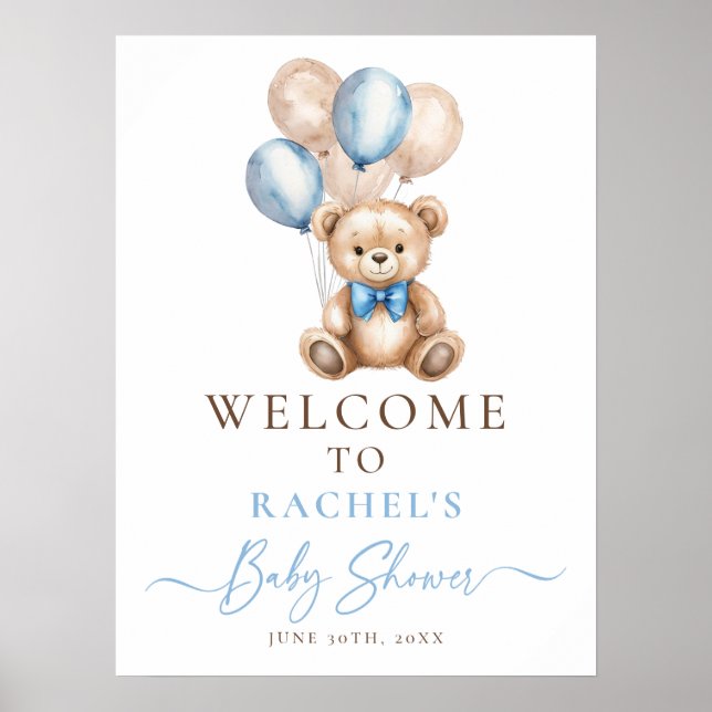 Teddy Bear Balloon Boy Baby Shower Welcome Sign (Front)