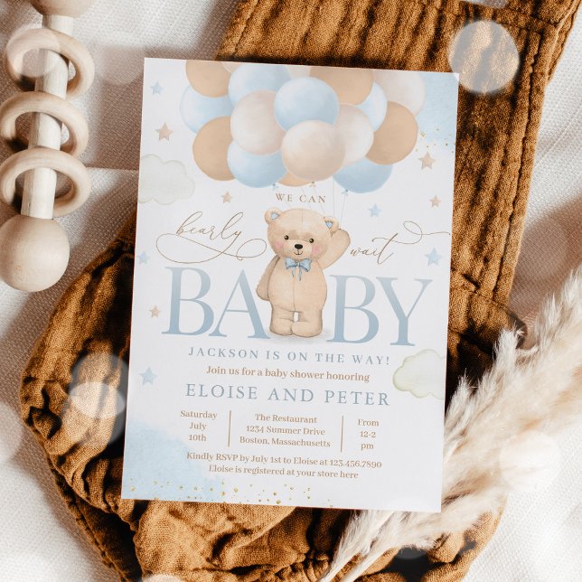 Teddy Bear Balloon Boy Bearly Wait Baby Shower Invitation (Creator Uploaded)