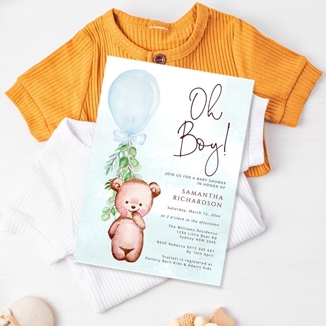 Teddy Bear Balloon Boy Bearly Wait Baby Shower Invitation (Creator Uploaded)