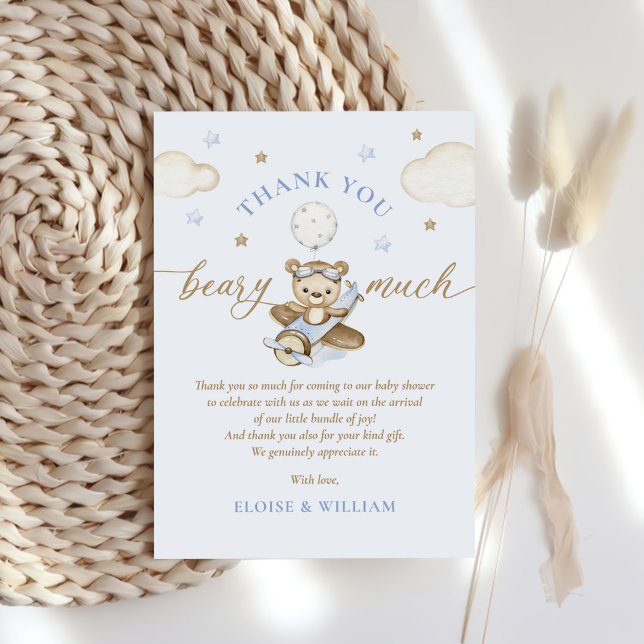 Teddy Bear Balloon Boy Bearly Wait Baby Shower Thank You Card (Creator Uploaded)