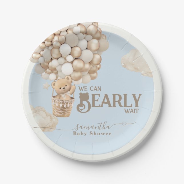 Teddy Bear Balloon Boy Blue Baby Shower Paper Plate (Front)