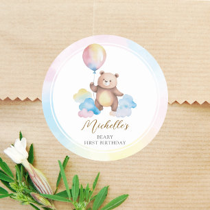 Teddy Bear Balloon Clouds Beary First Birthday Classic Round Sticker