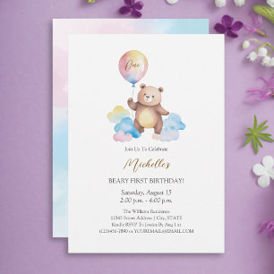Teddy Bear Balloon Clouds Beary First Birthday Invitation