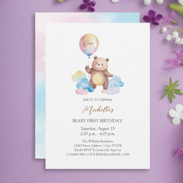 Teddy Bear Balloon Clouds Beary First Birthday Invitation (Creator Uploaded)