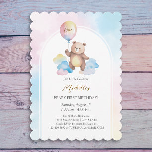 Teddy Bear Balloon Clouds Beary First Birthday Invitation