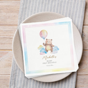 Teddy Bear Balloon Clouds Beary First Birthday Napkin