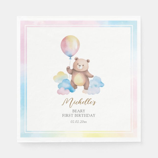 Teddy Bear Balloon Clouds Beary First Birthday Napkin (Front)