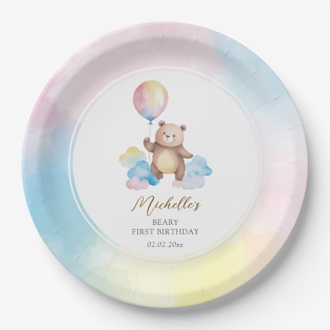 Teddy Bear Balloon Clouds Beary First Birthday Paper Plate (Front)