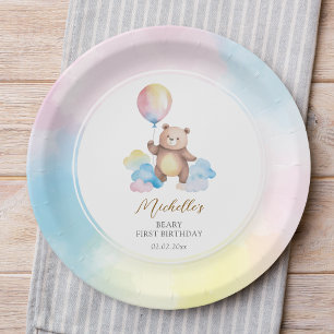 Teddy Bear Balloon Clouds Beary First Birthday Paper Plate