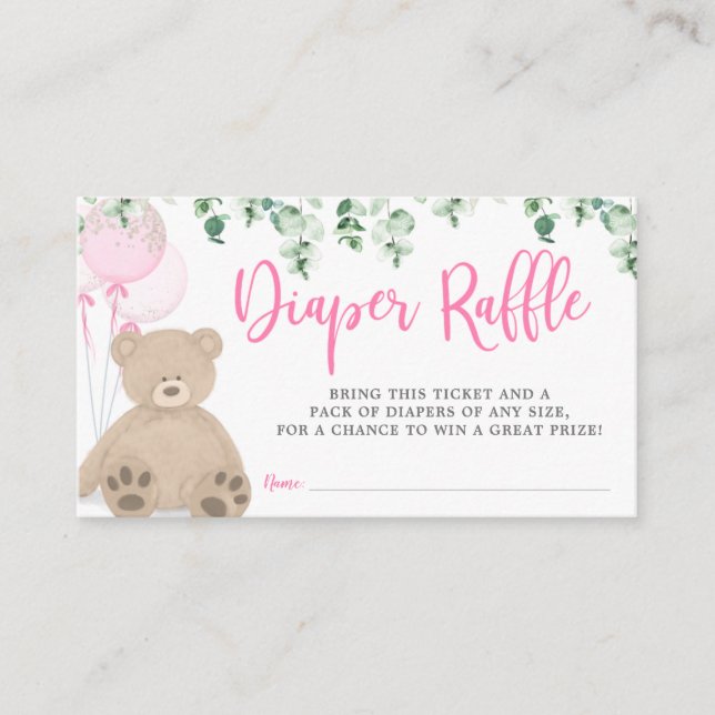 Teddy Bear Balloon Eucalyptus Diaper Raffle Girl Enclosure Card (Front)