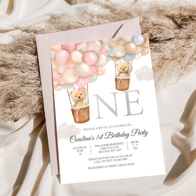 Teddy Bear Balloon First Birthday Invitation (Creator Uploaded)