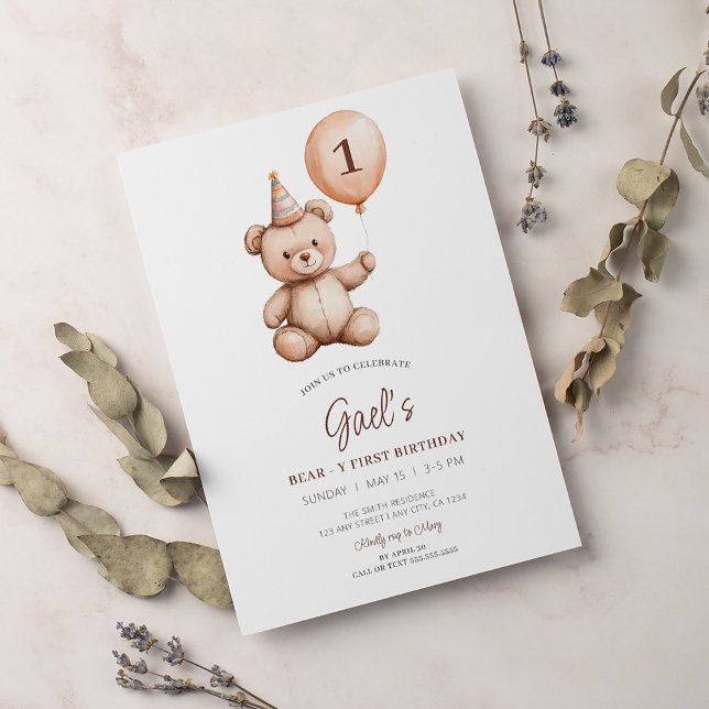 Teddy Bear Balloon First Birthday Invitation (Creator Uploaded)