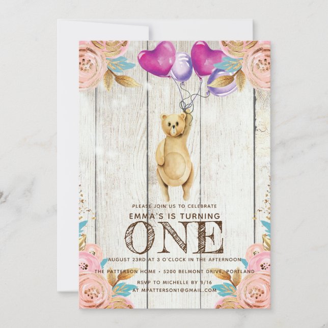 Teddy Bear Balloon First Birthday  Rustic Invitation (Front)