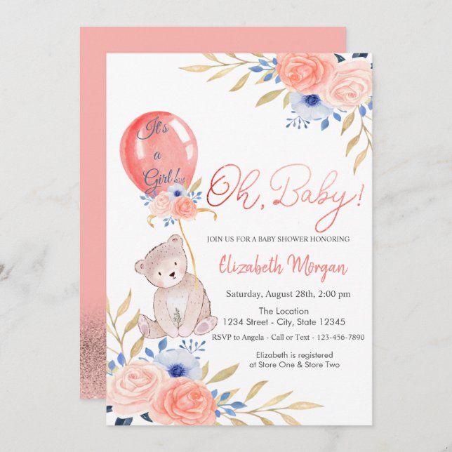 Teddy Bear Balloon Floral Baby Shower Invitation (Front/Back)