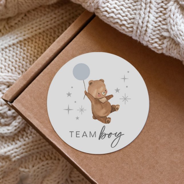 Teddy Bear Balloon Gender Reveal - Team Boy Classic Round Sticker (Creator Uploaded)