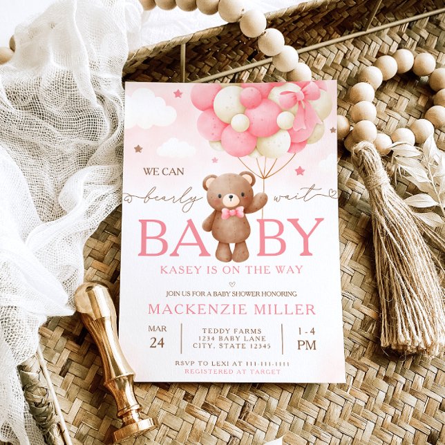 Teddy Bear Balloon Girl Baby Shower Invitation (Creator Uploaded)