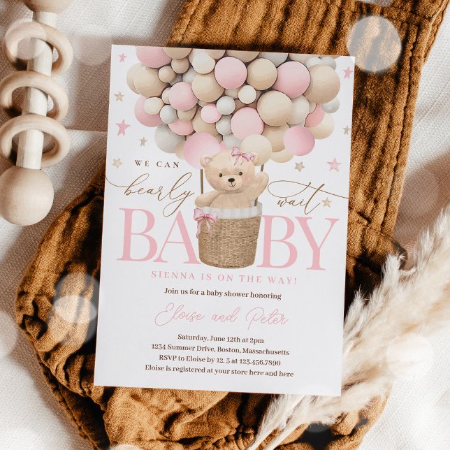 Teddy Bear Balloon Girl Bearly Wait Baby Shower Invitation (Creator Uploaded)
