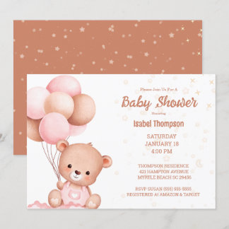 Teddy Bear Balloon Girls Baby Shower Invitation