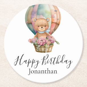Teddy Bear Balloon Happy Birthday Round Paper Coaster