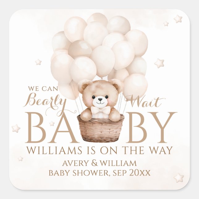 Teddy Bear Balloon Neutral Baby Shower  Square Sticker (Front)