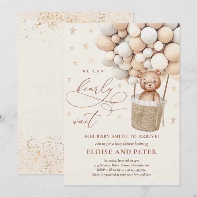 Teddy Bear Balloon Neutral Bearly Wait Baby Shower Invitation (Front/Back)