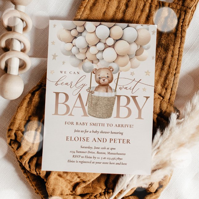 Teddy Bear Balloon Neutral Bearly Wait Baby Shower Invitation (Creator Uploaded)