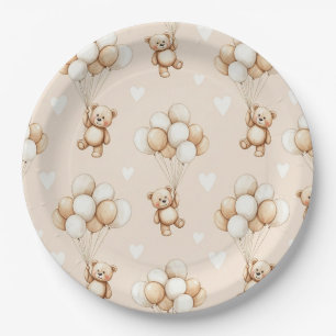 Teddy Bear Balloon Neutral Watercolor Pattern Paper Plate
