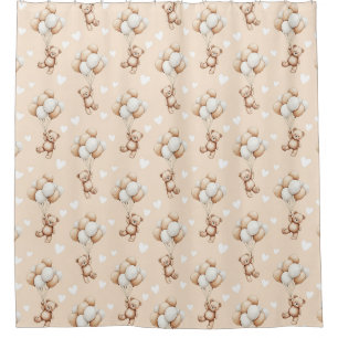 Teddy Bear Balloon Neutral Watercolor Pattern Shower Curtain