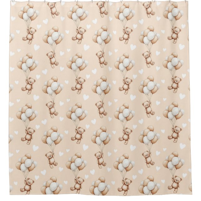 Teddy Bear Balloon Neutral Watercolor Pattern Shower Curtain (Front)