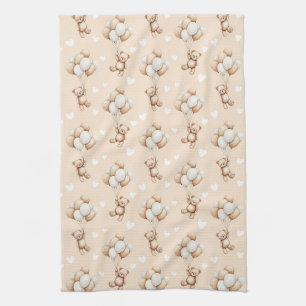 Teddy Bear Balloon Neutral Watercolor Pattern Tea Towel