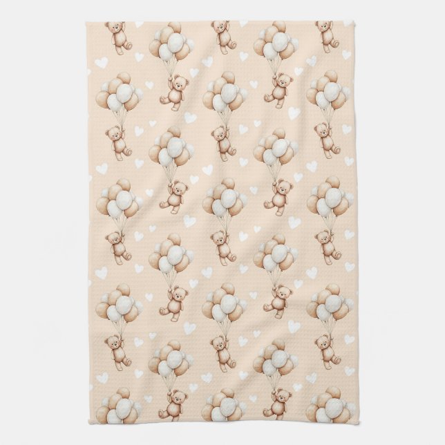 Teddy Bear Balloon Neutral Watercolor Pattern Tea Towel (Vertical)