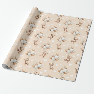 Teddy Bear Balloon Neutral Watercolor Pattern Wrapping Paper