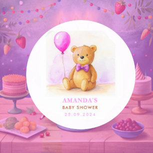 Teddy Bear Balloon Pastel Pink Brown Baby Shower Classic Round Sticker
