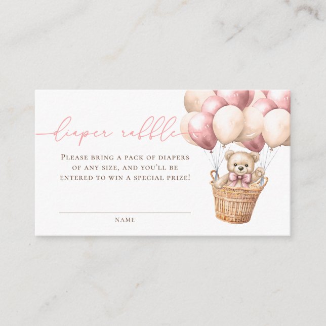 Teddy Bear Balloon Pink Baby Shower Diaper Raffle Enclosure Card (Front)