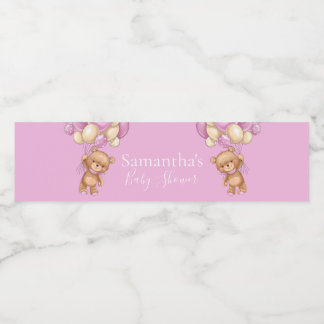 Teddy Bear Balloon Pink baby shower Water Bottle Label