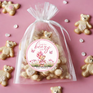 Teddy Bear Balloon Pink Butterfly Girl Baby Shower Classic Round Sticker